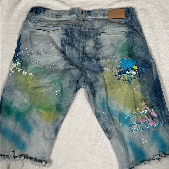 Smoke Rise Graffiti Denim Shorts in a summer blue color. - Picture 5 of 5